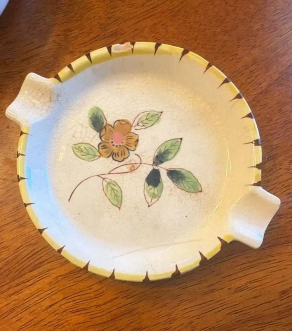 Vintage Hand Painted Ceramic Basket with Removable Tray and Rattan Handle